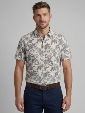 Steel & Jelly London XL Cotton Blue White Botanical Floral Smart Casual Shirt